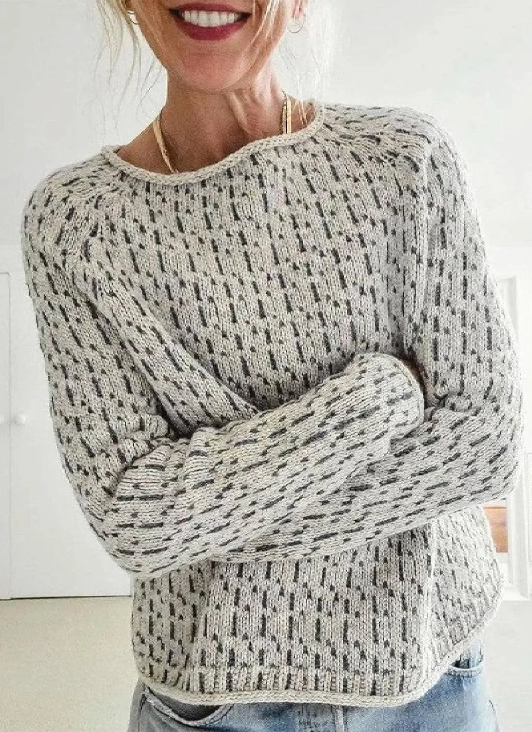 Women's Chic Grey Boat Neck Striped Print Sweater Loose Fit Soft Long Sleeve Cable Knit Pullover Top