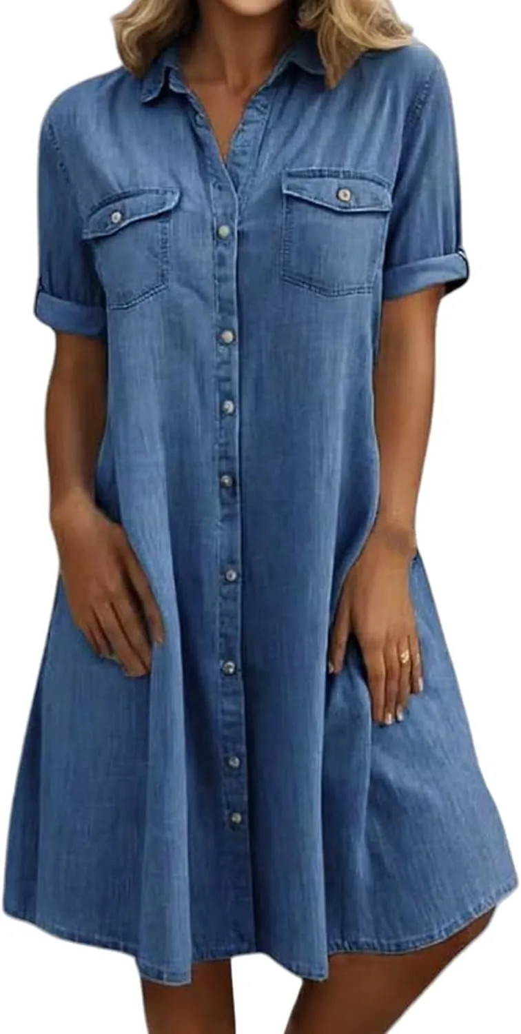 Womens Denim Shirt Dress 2025 Summer Casual Lapel V Neck Button Down Short Sleeve Midi Dresses Jean Dress