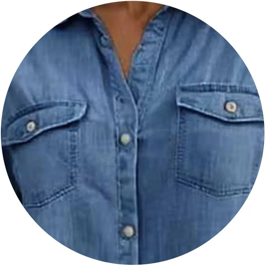 Womens Denim Shirt Dress 2025 Summer Casual Lapel V Neck Button Down Short Sleeve Midi Dresses Jean Dress