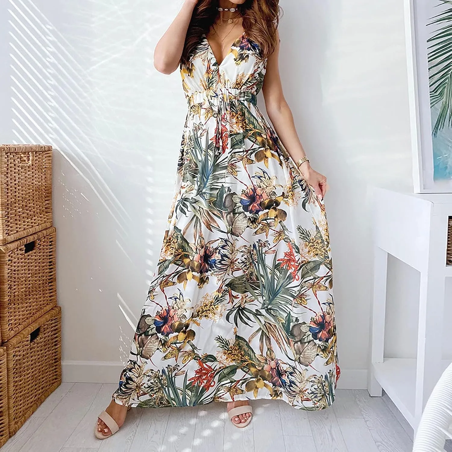 Womens Dresses 2024 Spring Summer Deep V Neck Floral Maxi Dress with Drawstring Flowy Backless Sleeveless A-Line Dress