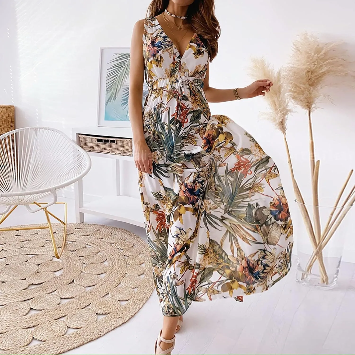 Womens Dresses 2024 Spring Summer Deep V Neck Floral Maxi Dress with Drawstring Flowy Backless Sleeveless A-Line Dress