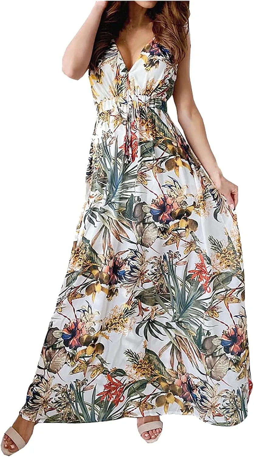 Womens Dresses 2024 Spring Summer Deep V Neck Floral Maxi Dress with Drawstring Flowy Backless Sleeveless A-Line Dress