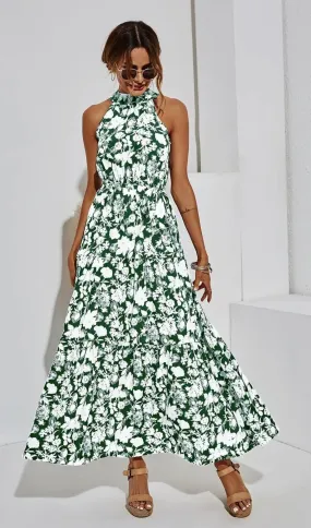 Women's FS Collection Halter Neck Maxi Layer Dress in Green with White Floral with Print