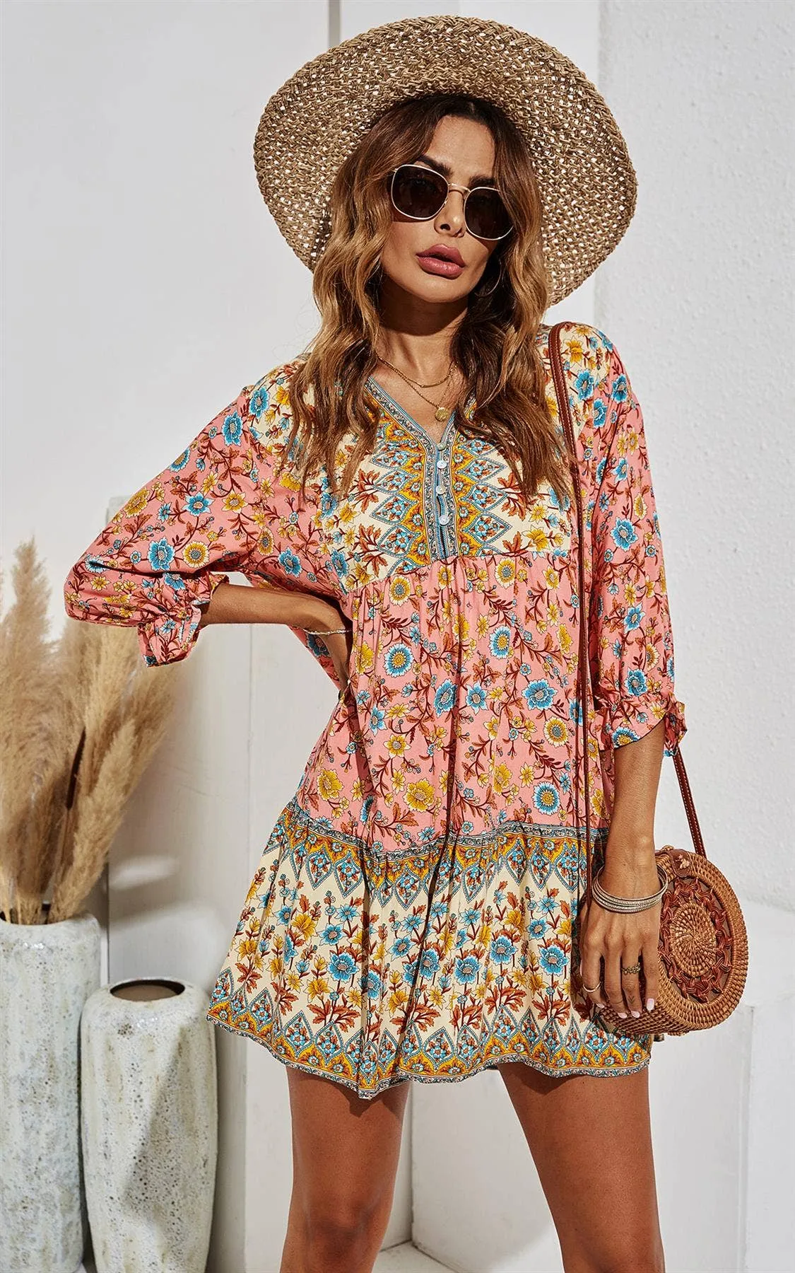 Women's FS Collection Yellow & Blue Floral Print Button Front Mini Dress In Pink
