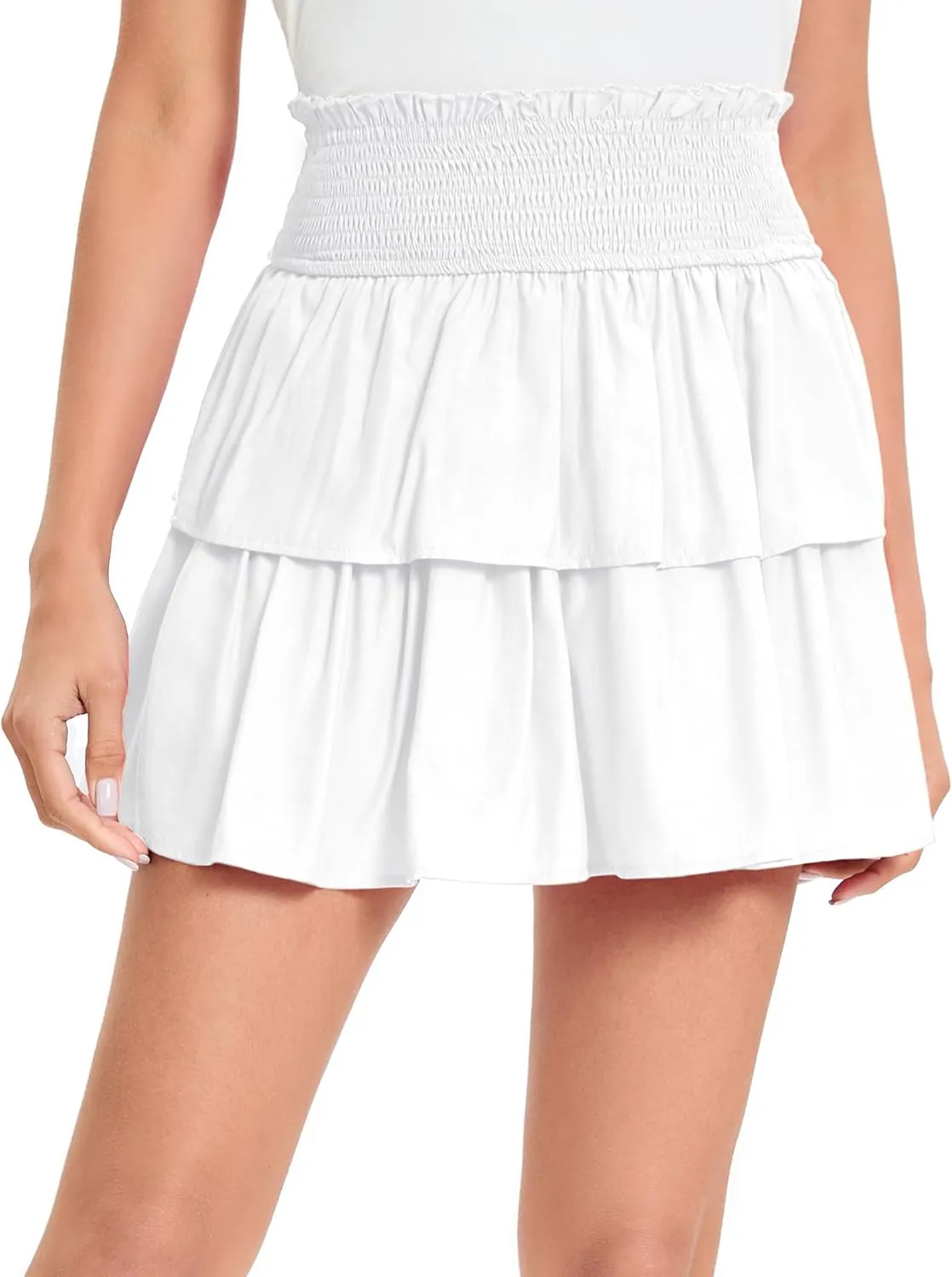 Women's High Waist Layered Pleated Mini Skirt with Ruffle Hem - White