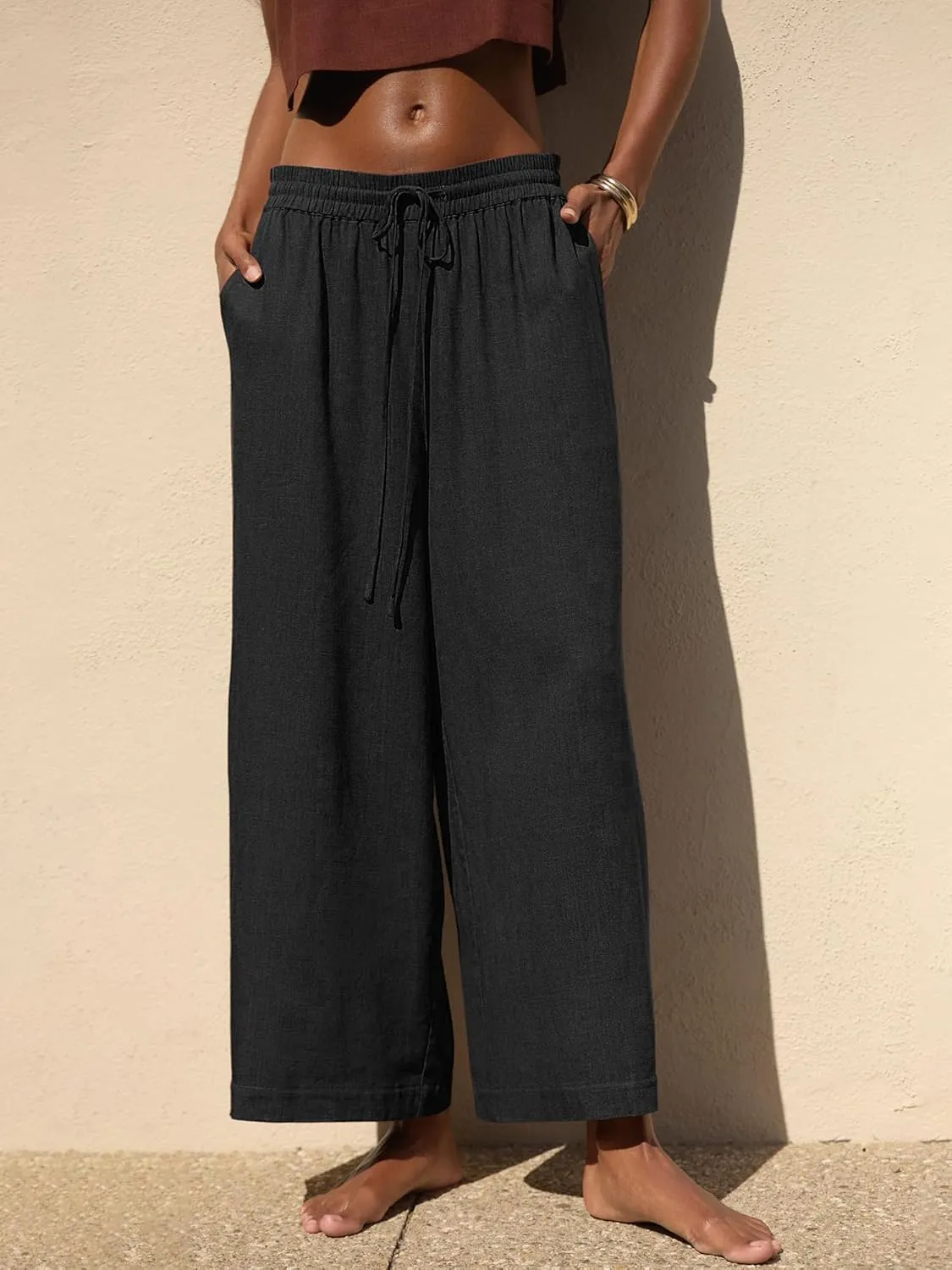 Women's High Waist Wide Leg Linen Blend Ankle Pants, Relaxed Cropped Trousers with Side Pockets, Fit for Casual Wear