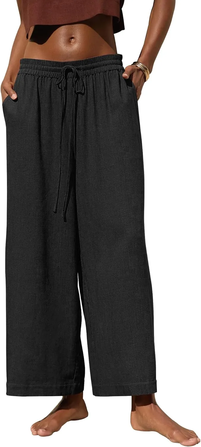 Women's High Waist Wide Leg Linen Blend Ankle Pants, Relaxed Cropped Trousers with Side Pockets, Fit for Casual Wear