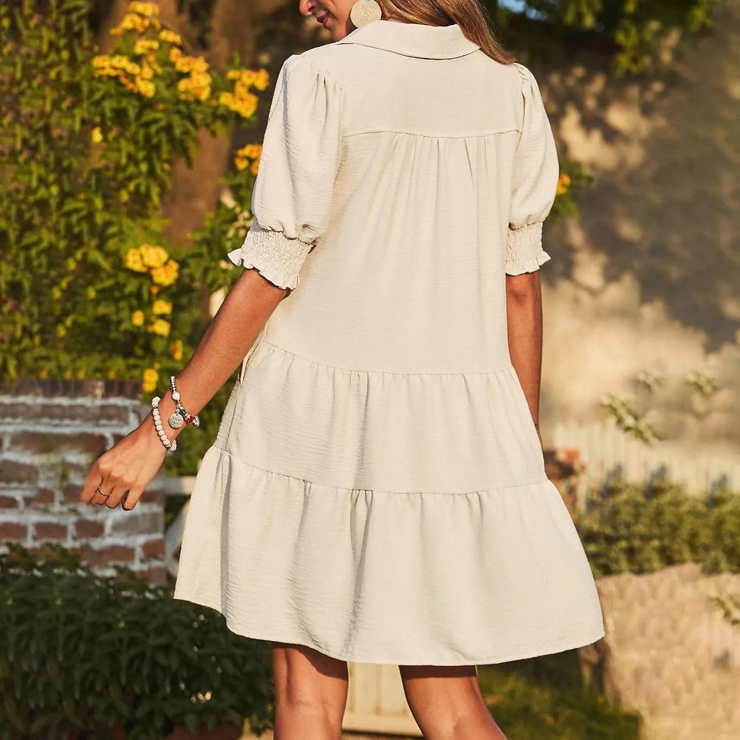 Womens Lapel V Neck Cute Shift Tierd Dress with Pockets Bell Sleeve Ruffle Hem Loose Swing Summer Tunic Mini Dress
