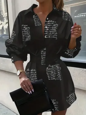 Women's Letter Print Button Down Collar Mini Dress / Black