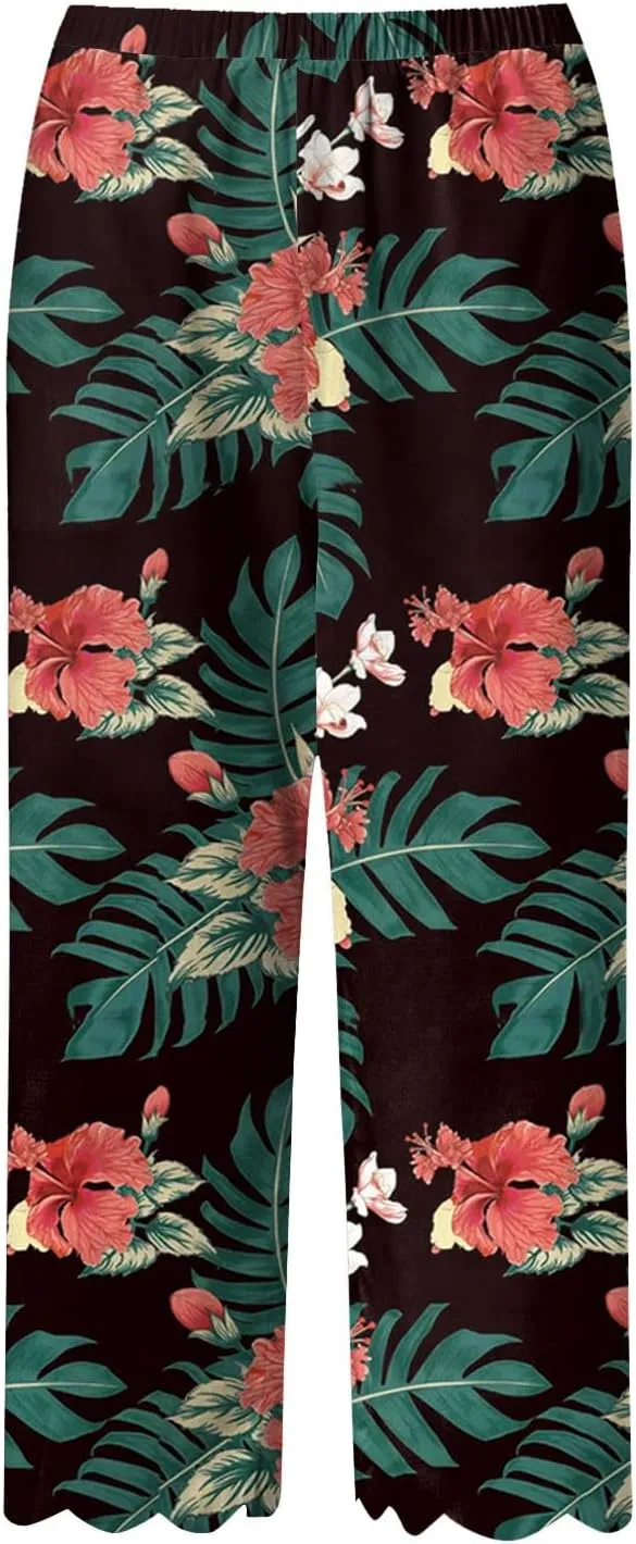 Womens Linen Capri Pants 2024 Summer Casual High Waist Drawstring Elastic Boho Floral Print Wide Leg Cropped Trousers