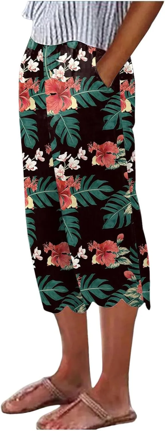 Womens Linen Capri Pants 2024 Summer Casual High Waist Drawstring Elastic Boho Floral Print Wide Leg Cropped Trousers