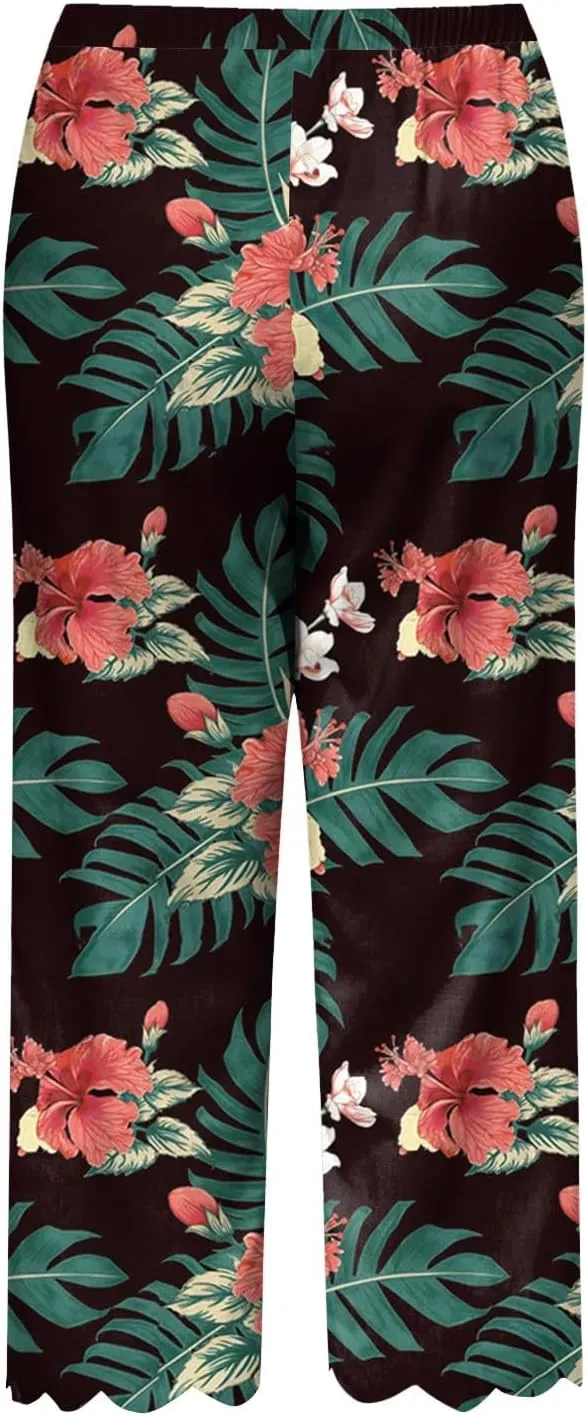 Womens Linen Capri Pants 2024 Summer Casual High Waist Drawstring Elastic Boho Floral Print Wide Leg Cropped Trousers