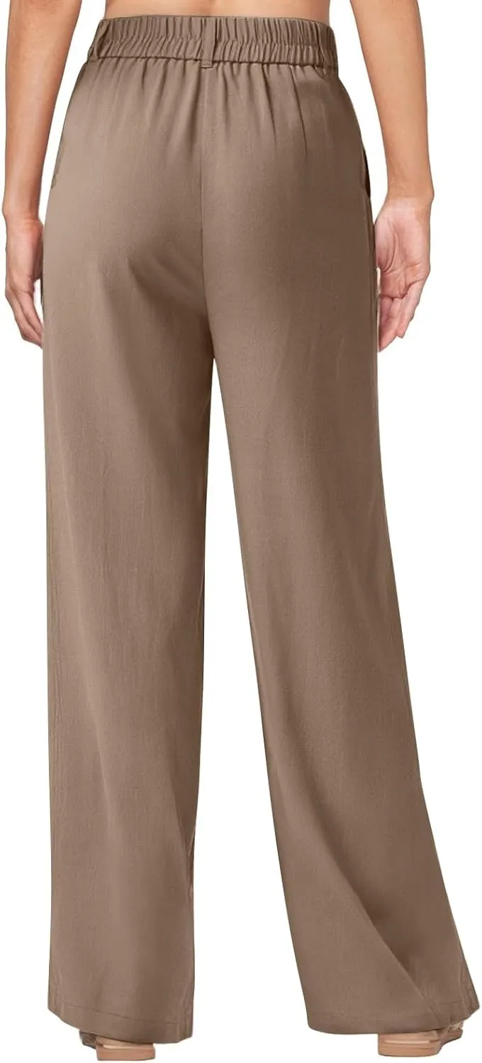 Women's Linen Pants Wide Leg Work Dress Pants Casual Slacks Business Pants with Pockets