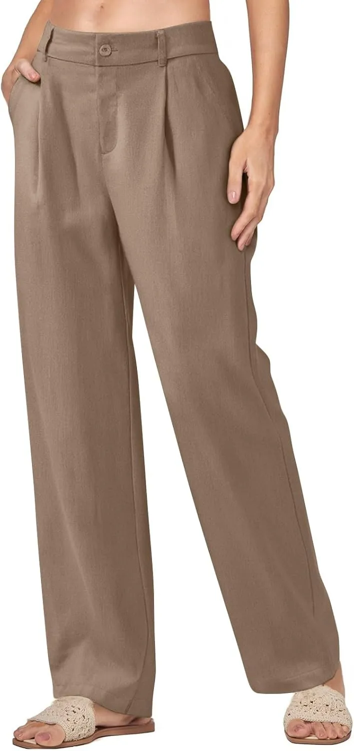 Women's Linen Pants Wide Leg Work Dress Pants Casual Slacks Business Pants with Pockets
