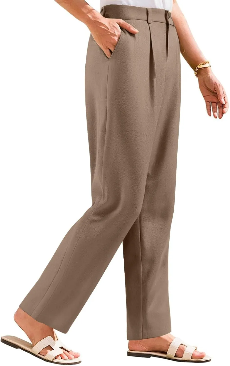 Women's Linen Pants Wide Leg Work Dress Pants Casual Slacks Business Pants with Pockets