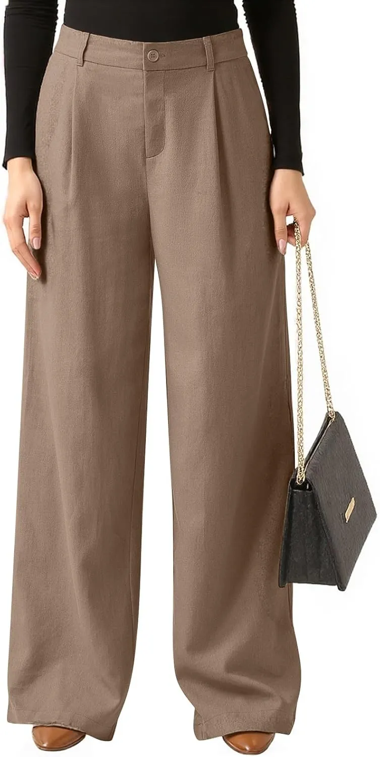 Women's Linen Pants Wide Leg Work Dress Pants Casual Slacks Business Pants with Pockets