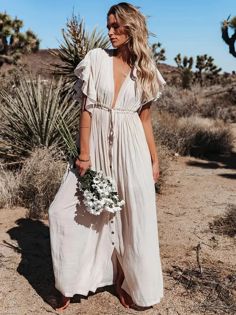 Women's Plunging Neckline Drawstring Cover Up Maxi Dress / Apricot Linen