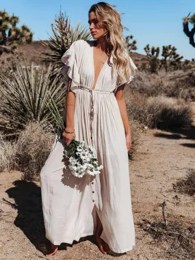 Women's Plunging Neckline Drawstring Cover Up Maxi Dress / Apricot Linen