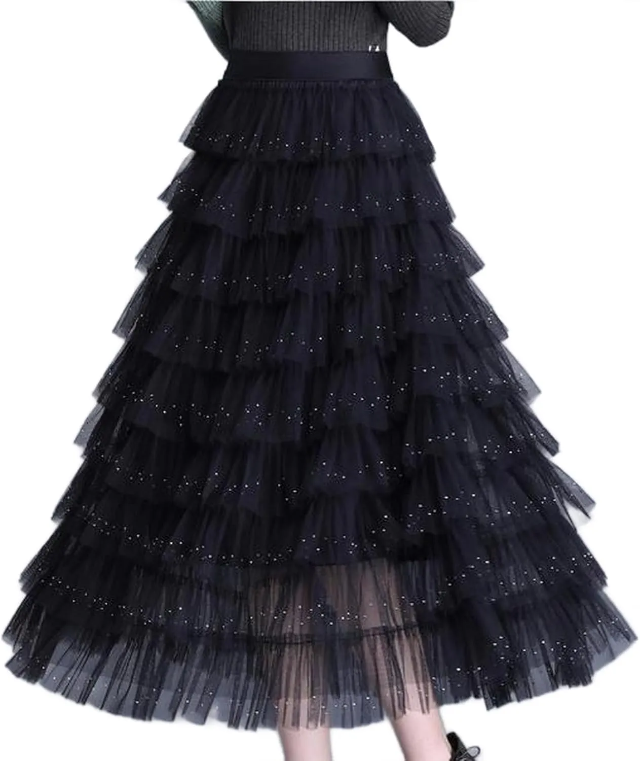 Womens Ruffle Tiered Long Tulle Skirt Multilayer Ruffles Tulle Skirt Fairy Mesh Maxi Skirt