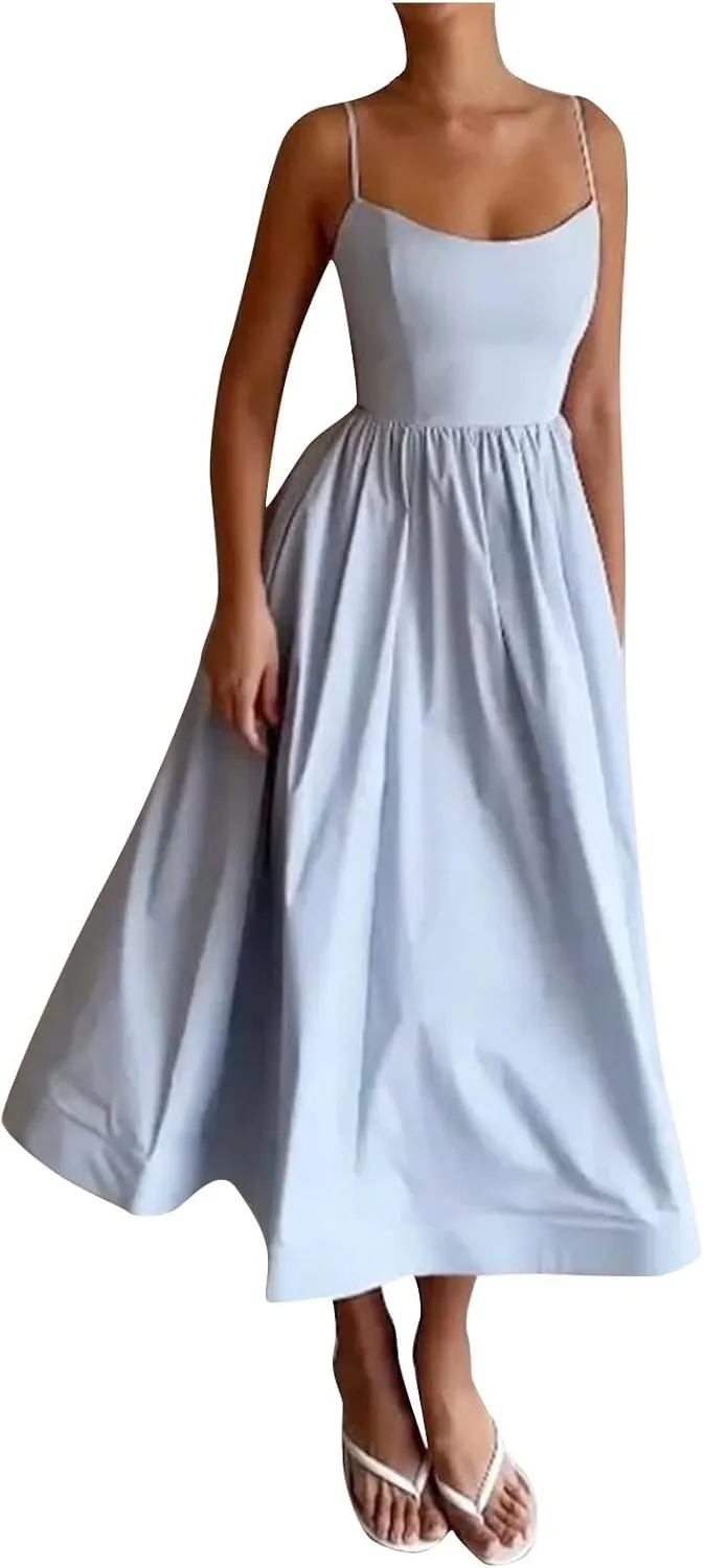Womens Smocked Maxi Dresses Spaghetti Strap Square Neck Swing A Line Dress 2025 Summer Chic Flowy Beach Sexy Sundress