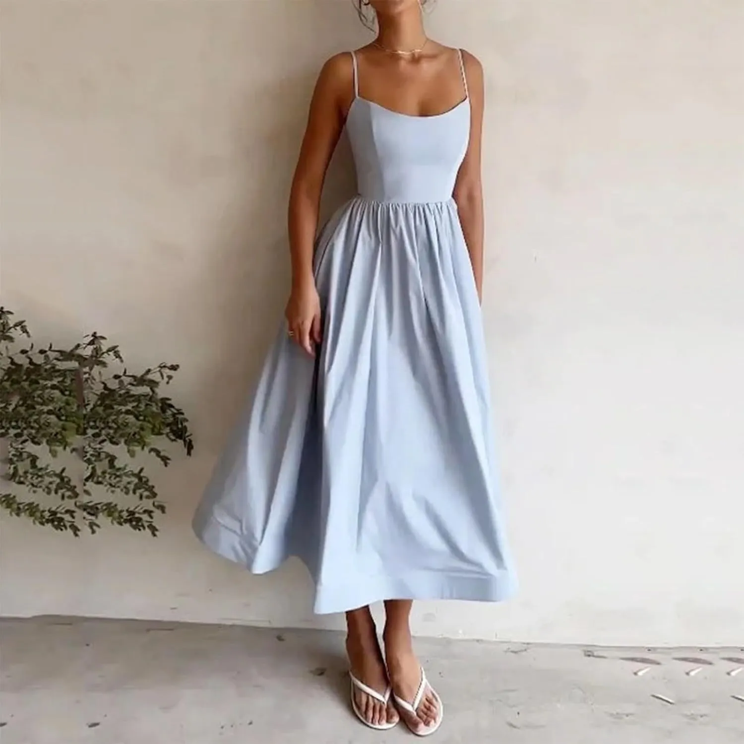Womens Smocked Maxi Dresses Spaghetti Strap Square Neck Swing A Line Dress 2025 Summer Chic Flowy Beach Sexy Sundress