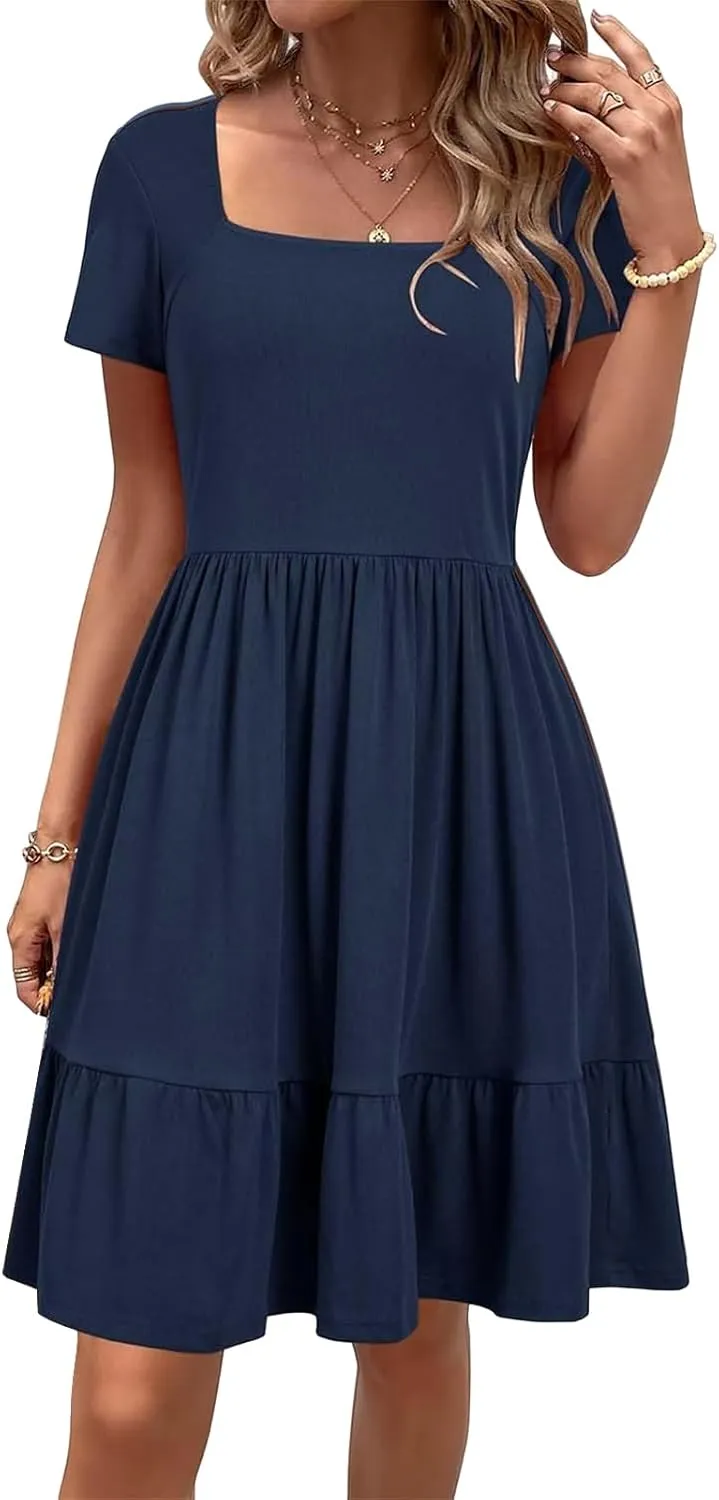 Womens Summer Casual Dresses Short Sleeve Square Neck Babydoll Dress A-Line Tiered Sundress Beach Vacation Dress
