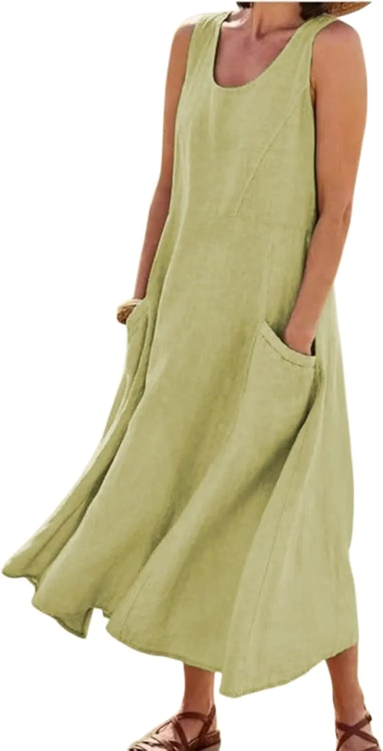 Women's Summer Cotton Linen Sleeveless Tank Long Dress Elegant Flowy Dresses Baggy Loose Solid Flowy Dresses Pockets
