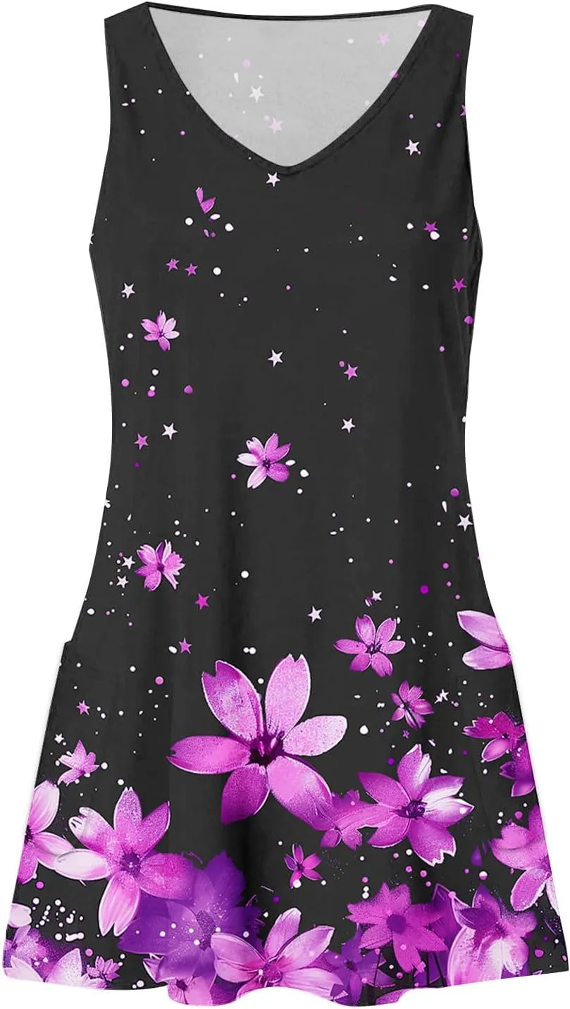 Womens Summer Dresses Beach Casual Sleeveless Floral Print Boho V Neck Loose Sundresses Dress with Pockets