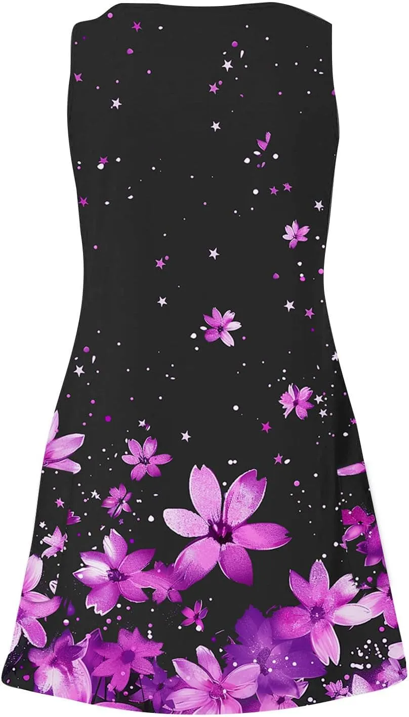 Womens Summer Dresses Beach Casual Sleeveless Floral Print Boho V Neck Loose Sundresses Dress with Pockets