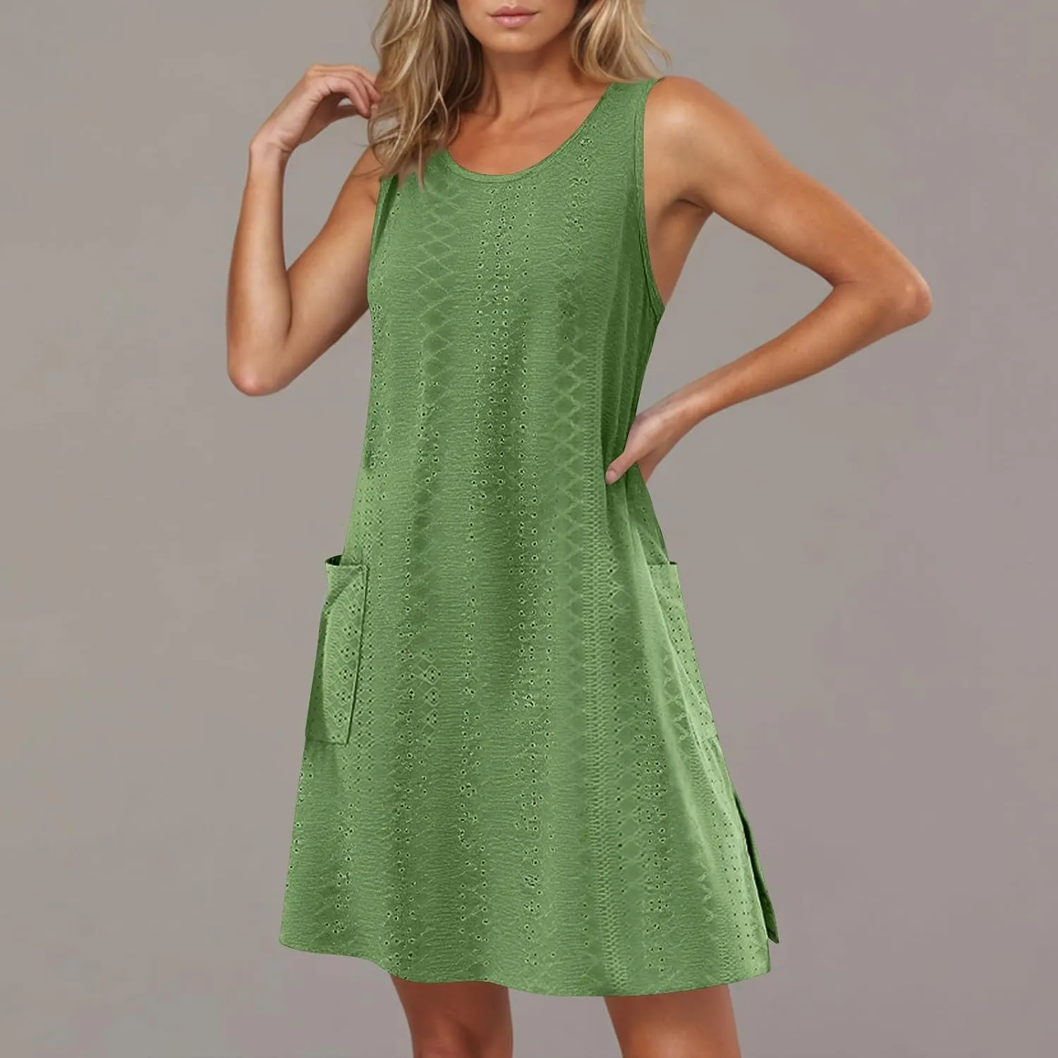 Women's Summer Sun Dresses Casual Loose Sleeveless Solid Color Dress Crewneck 2025 Vacation Comfy Dress with Pocket