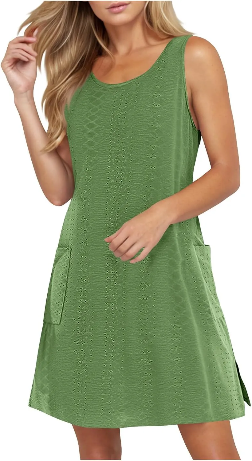 Women's Summer Sun Dresses Casual Loose Sleeveless Solid Color Dress Crewneck 2025 Vacation Comfy Dress with Pocket