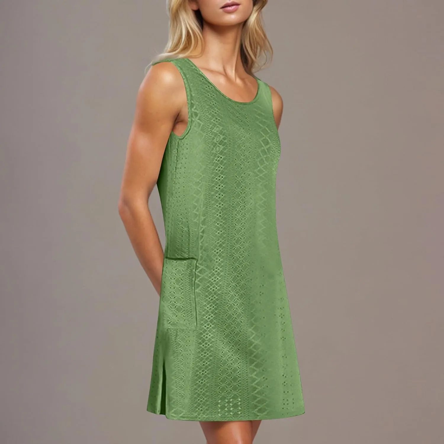 Women's Summer Sun Dresses Casual Loose Sleeveless Solid Color Dress Crewneck 2025 Vacation Comfy Dress with Pocket