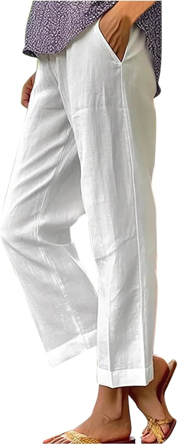 Womens Summer Vacation Pants Straight Wide Leg Cotton Linen Trousers Lightweight Clothing with Pockets