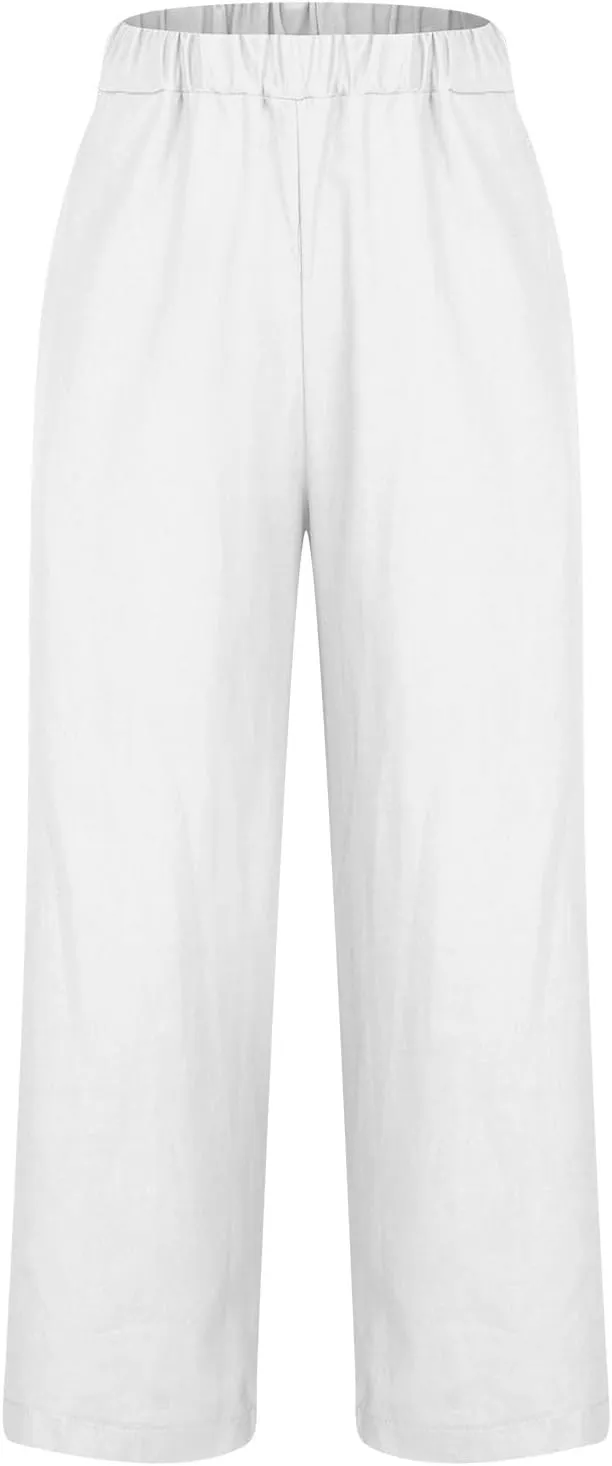 Womens Summer Vacation Pants Straight Wide Leg Cotton Linen Trousers Lightweight Clothing with Pockets