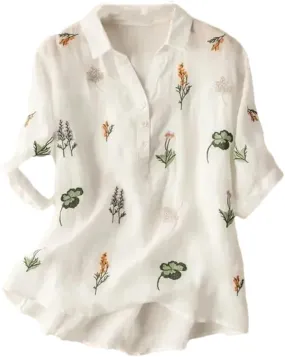 Women's V-Neck Cotton and Linen Embroidered Short-Sleeved Shirt Casual Loose Office Shirt