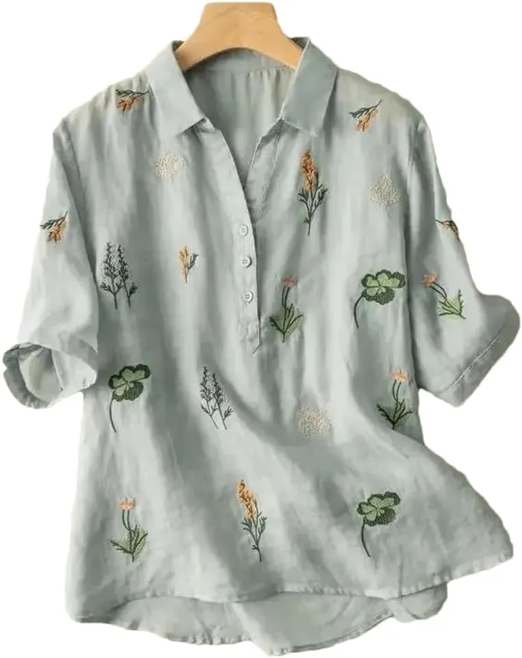 Women's V-Neck Cotton and Linen Embroidered Short-Sleeved Shirt Casual Loose Office Shirt
