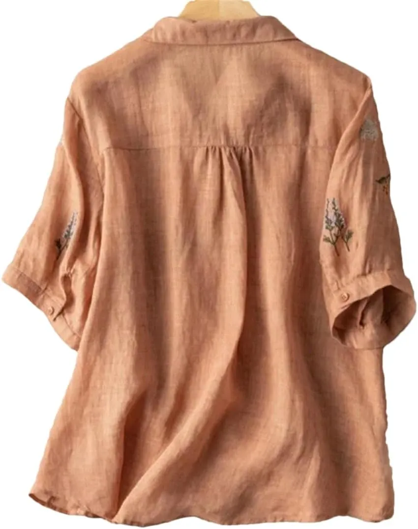 Women's V-Neck Cotton and Linen Embroidered Short-Sleeved Shirt Casual Loose Office Shirt