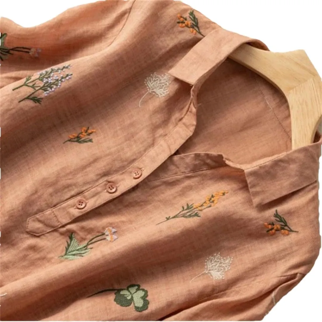 Women's V-Neck Cotton and Linen Embroidered Short-Sleeved Shirt Casual Loose Office Shirt