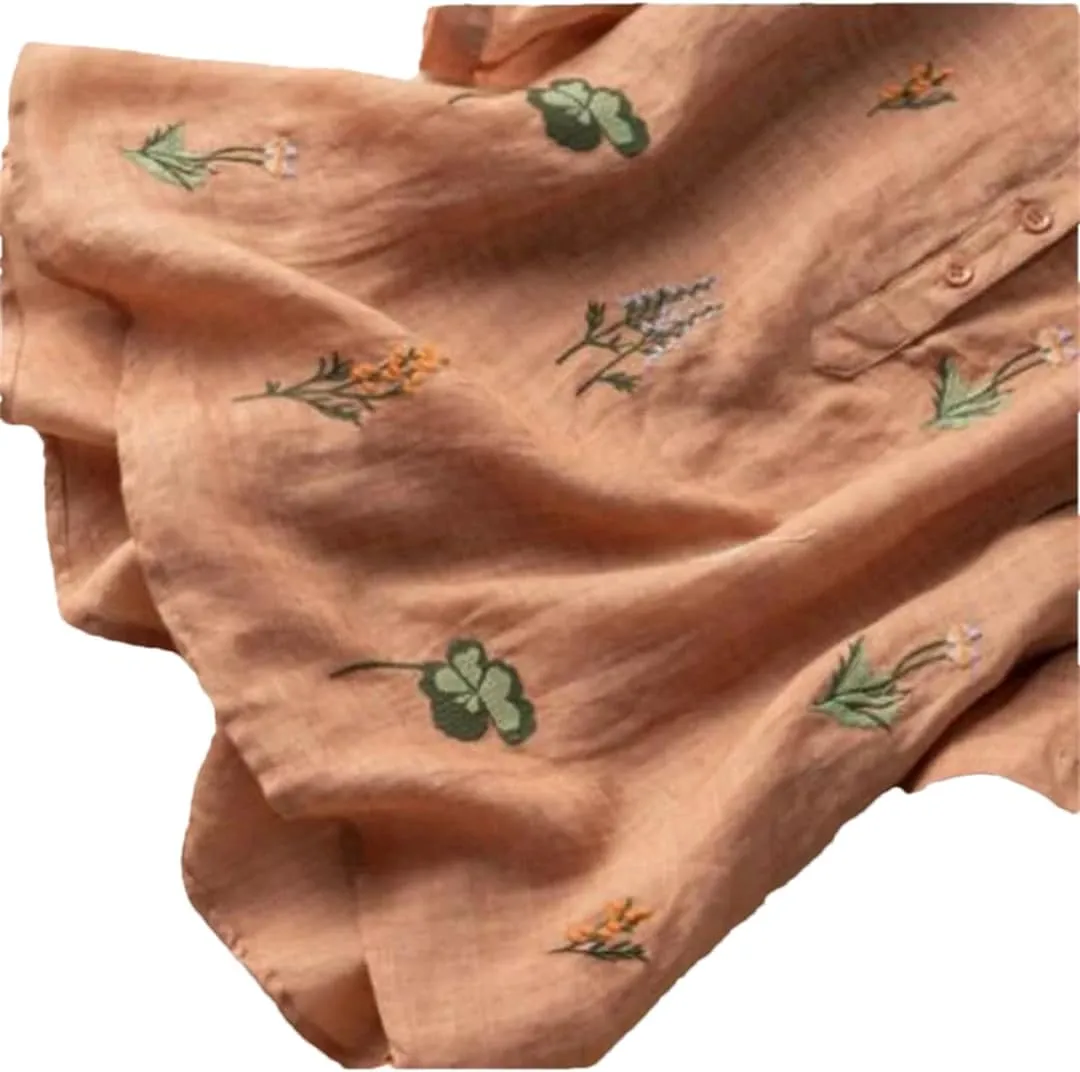 Women's V-Neck Cotton and Linen Embroidered Short-Sleeved Shirt Casual Loose Office Shirt