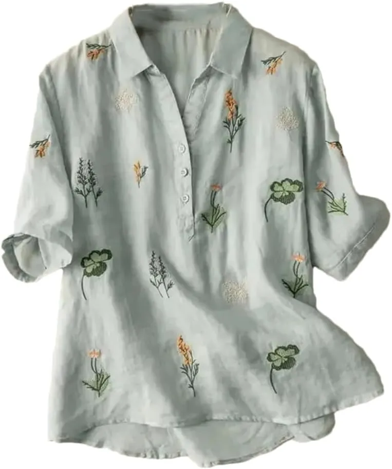 Women's V-Neck Cotton and Linen Embroidered Short-Sleeved Shirt Casual Loose Office Shirt