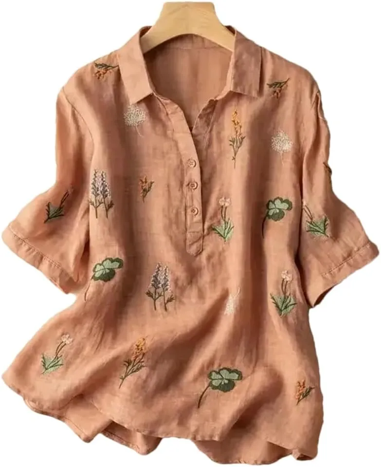 Women's V-Neck Cotton and Linen Embroidered Short-Sleeved Shirt Casual Loose Office Shirt