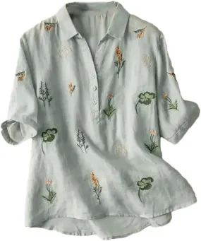 Women's V-Neck Cotton and Linen Embroidered Short-Sleeved Shirt Casual Loose Office Shirt
