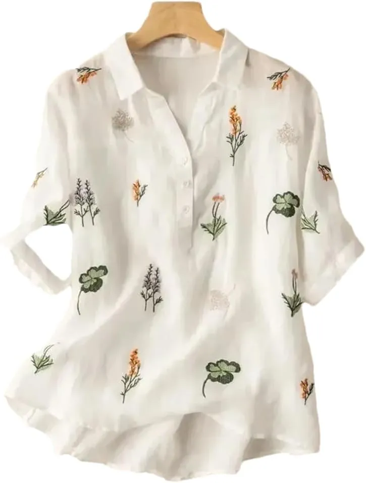 Women's V-Neck Cotton and Linen Embroidered Short-Sleeved Shirt Casual Loose Office Shirt