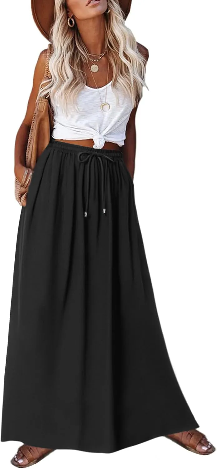Zeagoo Women's 2024 Boho Floral Skirt Casual Elastic High Waist Maxi Skirts Flowy A Line Beach Long Skirt with Side Pockets