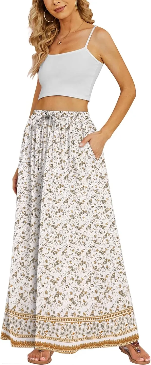 Zeagoo Women's 2025 Boho Floral Skirt Casual Elastic High Waist Maxi Skirts Flowy A Line Beach Long Skirt with Side Pockets