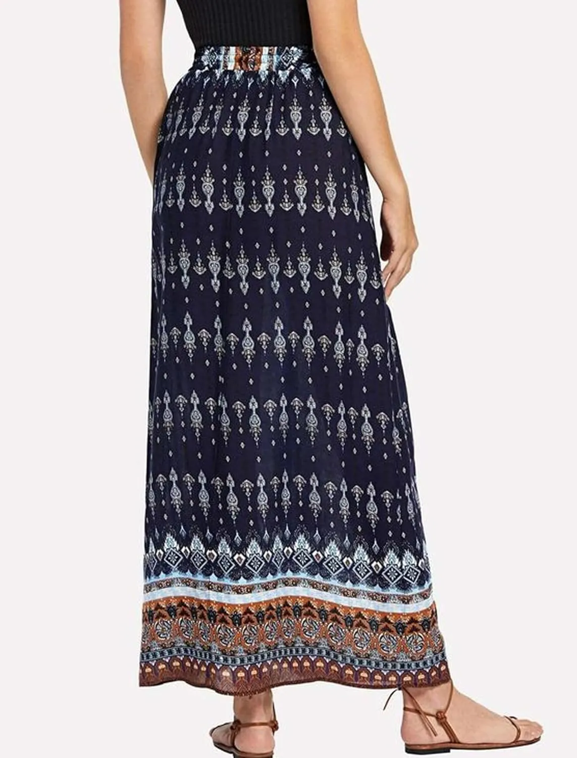Zeagoo Women's 2025 Boho Floral Skirt Casual Elastic High Waist Maxi Skirts Flowy A Line Beach Long Skirt with Side Pockets