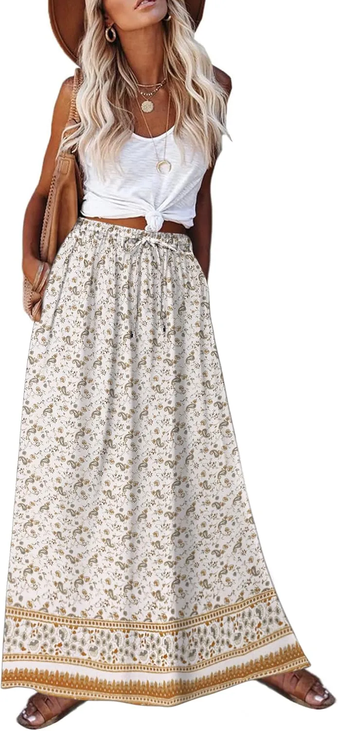 Zeagoo Women's 2025 Boho Floral Skirt Casual Elastic High Waist Maxi Skirts Flowy A Line Beach Long Skirt with Side Pockets