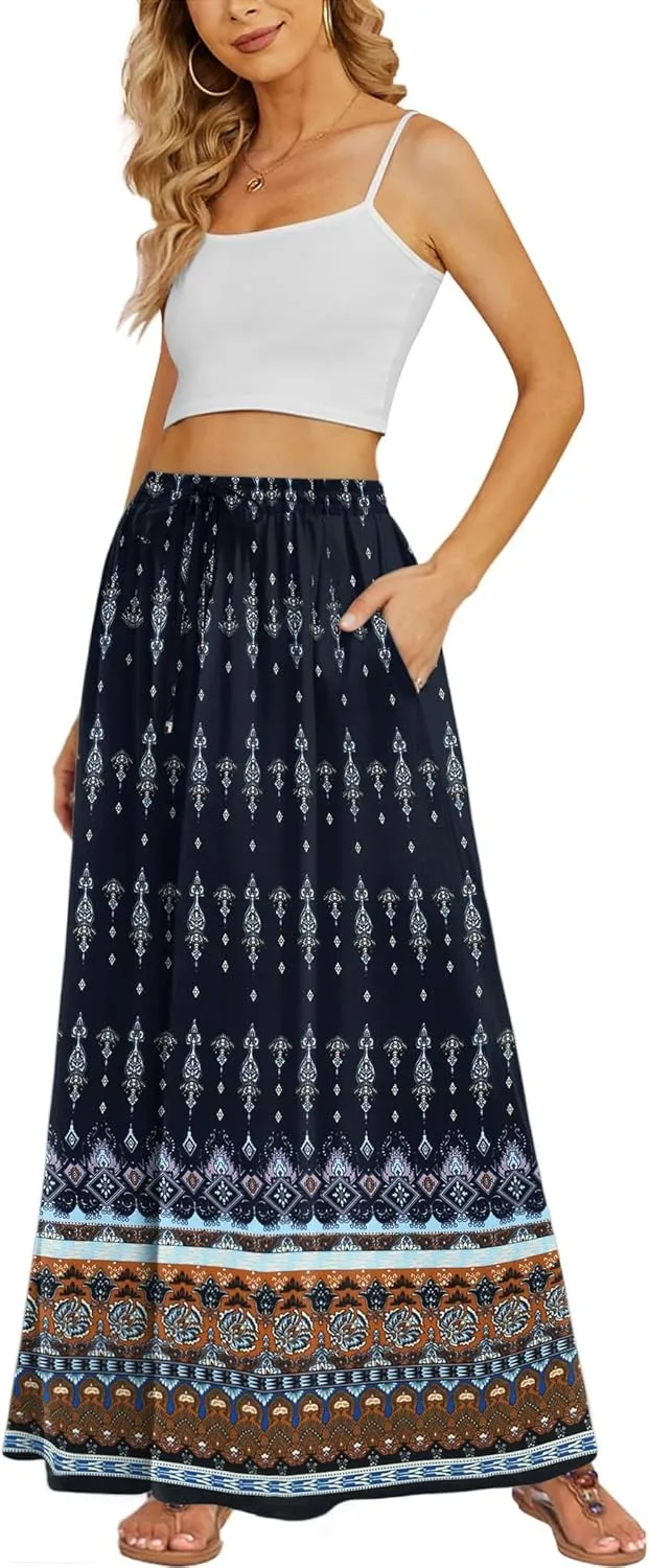 Zeagoo Women's 2025 Boho Floral Skirt Casual Elastic High Waist Maxi Skirts Flowy A Line Beach Long Skirt with Side Pockets