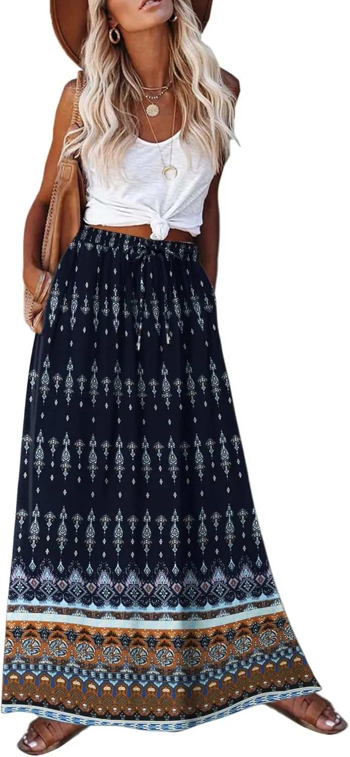 Zeagoo Women's 2025 Boho Floral Skirt Casual Elastic High Waist Maxi Skirts Flowy A Line Beach Long Skirt with Side Pockets