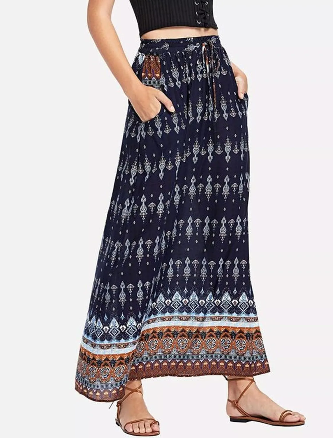 Zeagoo Women's 2025 Boho Floral Skirt Casual Elastic High Waist Maxi Skirts Flowy A Line Beach Long Skirt with Side Pockets